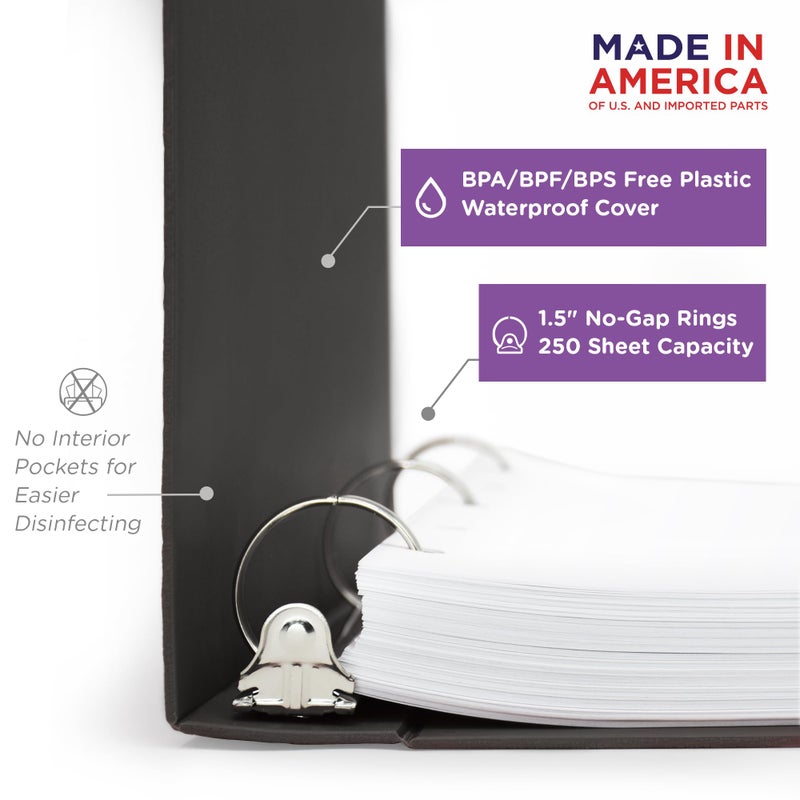 Carstens 1.5-Inch Heavy Duty 3-Ring Binder - Side Opening, Charcoal Gray, Durable Plastic, Precision No-Gap Rings, Waterproof Cover, No Pockets, Holds 250 Sheets, BPA-Free, Made in USA (2042-3R) - Image 2